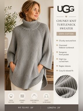 UGG Cotton Chunky Knit Turtleneck Sweater Poncho Gray Size M